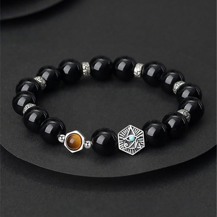 Buddha Stones 925 Srebro Sterlingowe Czarny Obsydian Tygrysie Oko Opatrzności Bransoletka Oczyszczająca