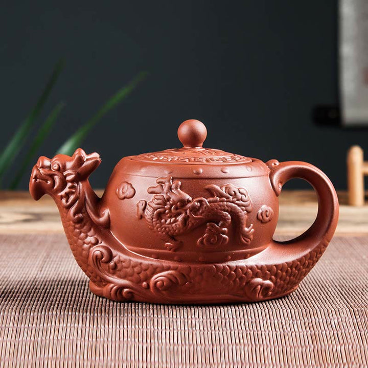 Buddha Stones Vintage Dragon Pomyślne Chmury Fioletowa Glina Ceramiczny Czajnik