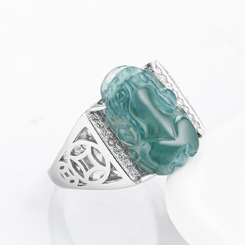 Buddha Stones 925 Srebro Sterlingowe Fengshui Bogactwo Dobrobyt Jadeit PiXiu Pierścień Szczęścia