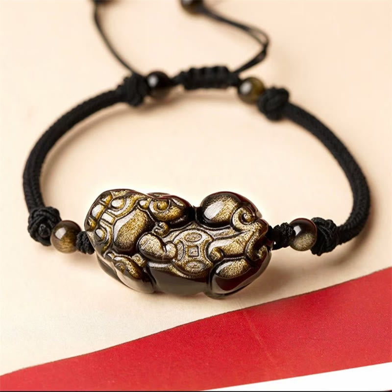 Buddha Stones Naturalny Obsydian Ametyst Cytryn PiXiu Cooper Moneta Bogactwo Bransoletka