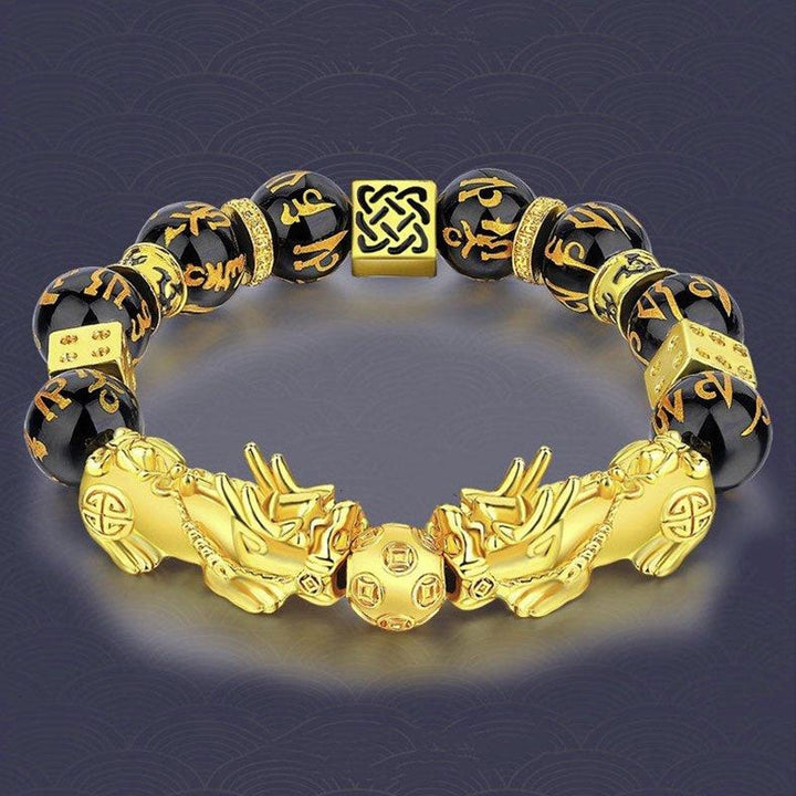 Buddha Stones FengShui Podwójny PiXiu Obsydian Om Mani Padme Hum Bransoletka Bogactwa