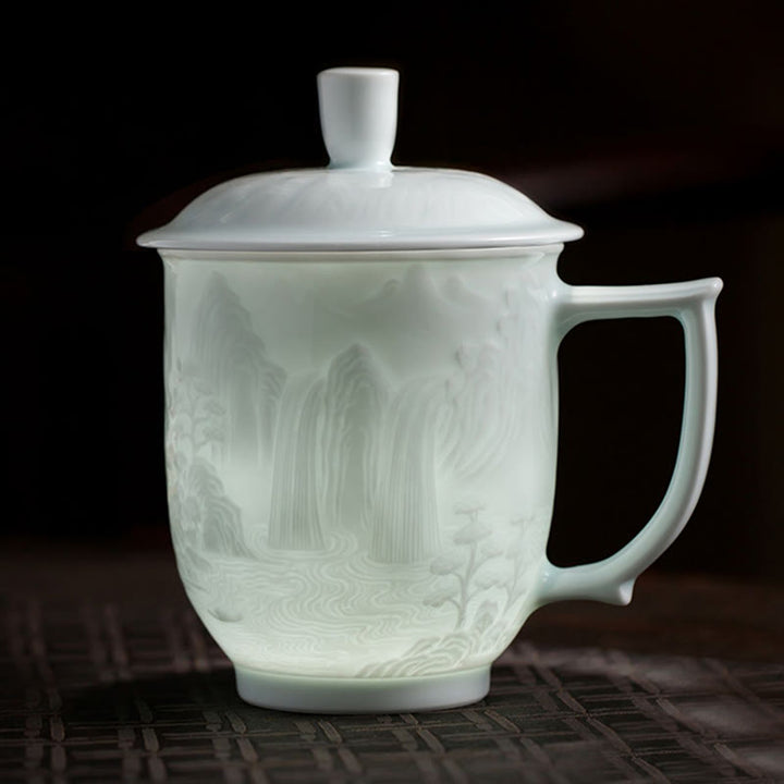 Buddha Stones Jingdezhen Biała Porcelana Ręcznie Robiona Wielki Mur Krajobraz Grawerowana Ceramiczna Filiżanka Do Herbaty Kubek Biurowy Filiżanki Do Herbaty