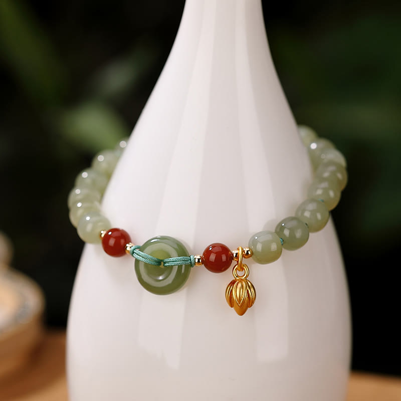 Buddha Stones 925 Srebro Sterling Naturalny Hetian Jade Peace Buckle Bransoletka Szczęścia z Czerwonego Agatu