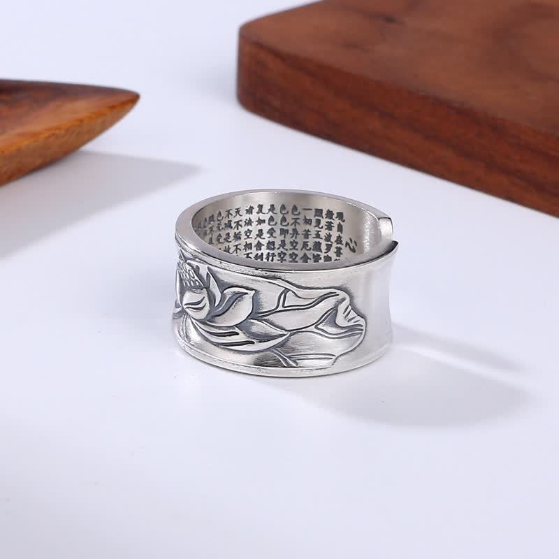 Pierścionek ochronny Buddha Stones 999 Sterling Silver Lotus Flower Heart Sutra