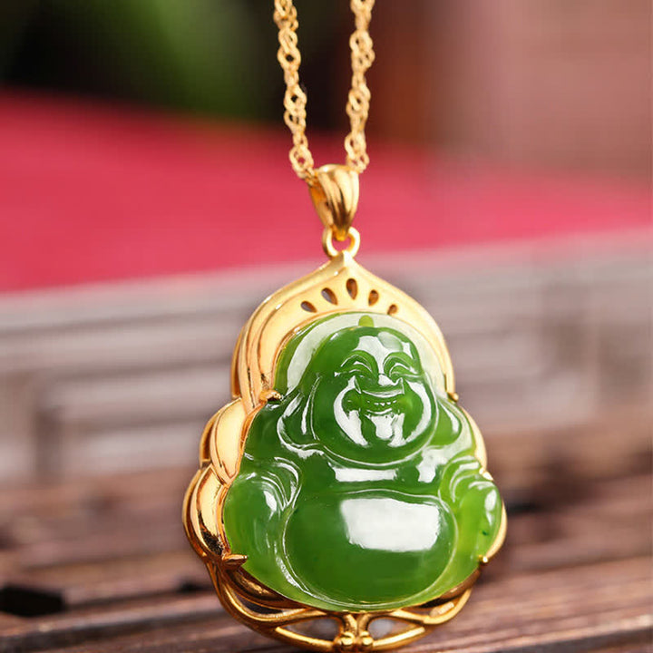 925 Srebro Sterling Naturalny Hetian Cyan Jade Śmiejący się Budda 18K Złoty Naszyjnik Uzdrawiający Łańcuszek Wisiorek - image 5