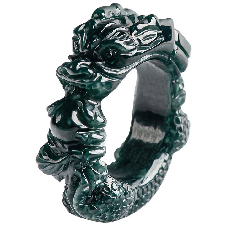 Pierścionek sukcesu z naturalnego cyjanowego jadeitu z rzeźbionym smokiem i Buddha Stones