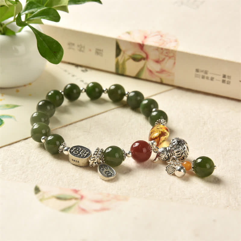Buddha Stones 925 Srebro Sterlingowe Hetian Cyan Jade Gourd Amber Bransoletka Sukcesu