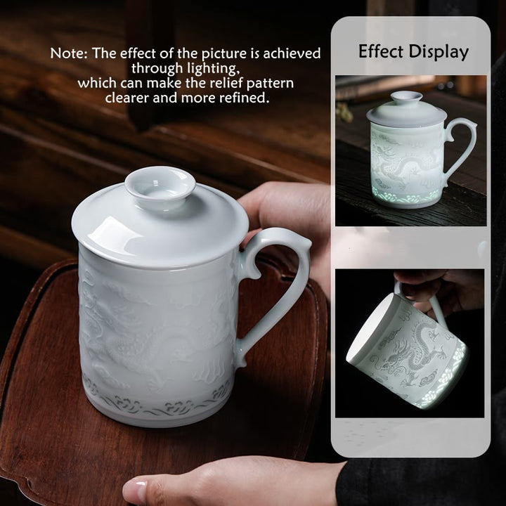 Buddha Stones Jingdezhen Linglong Porcelana Pomyślny Smok Feniks Łódź Gładkie żeglowanie Ceramiczna filiżanka do herbaty Biurowe filiżanki do herbaty 420 ml