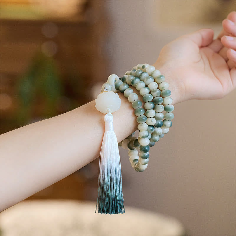 Buddha Stones Naturalne 108 Koralików Mala Bodhi Nasiona Lotosu Grawerowana Bransoletka Z Chwostem Mądrości