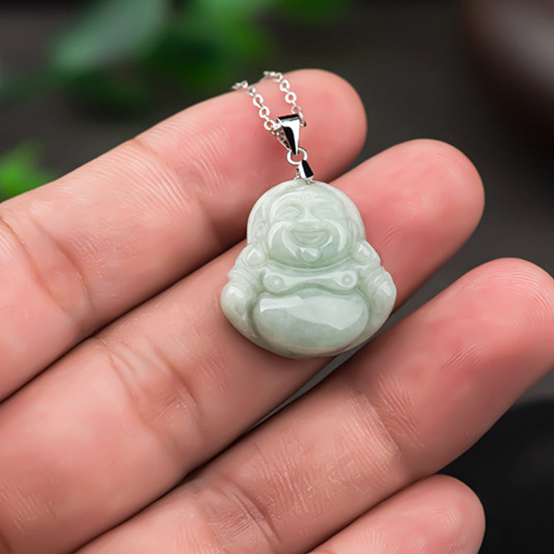 Naszyjnik z Buddha Stones z jadeitu, błogosławieństwem i śmiejącym się Buddą, wykonany ze stali tytanowej - image 4