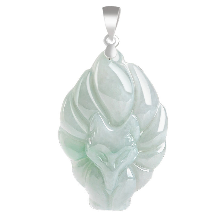 Buddha Stones 925 Srebro Sterling Naturalny Jade Dziewięcioogonowy Lis Naszyjnik Wisiorek Dobrobyt