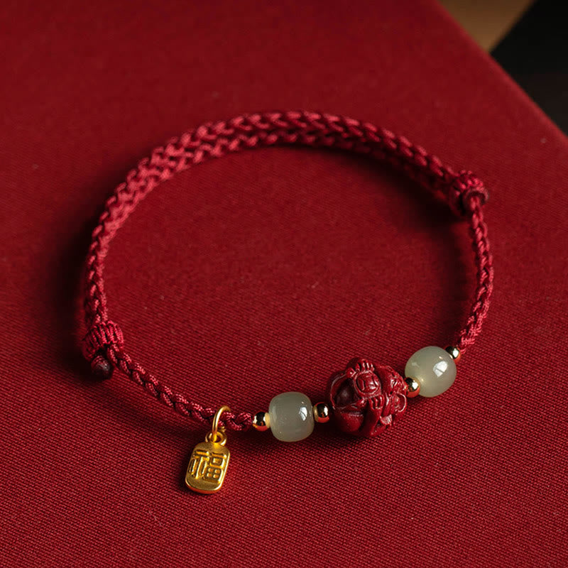 Buddha Stones Naturalny Cynober Chiński Zodiak Hetian Jade Fu Charakter Szczęścia Bransoletka Lina