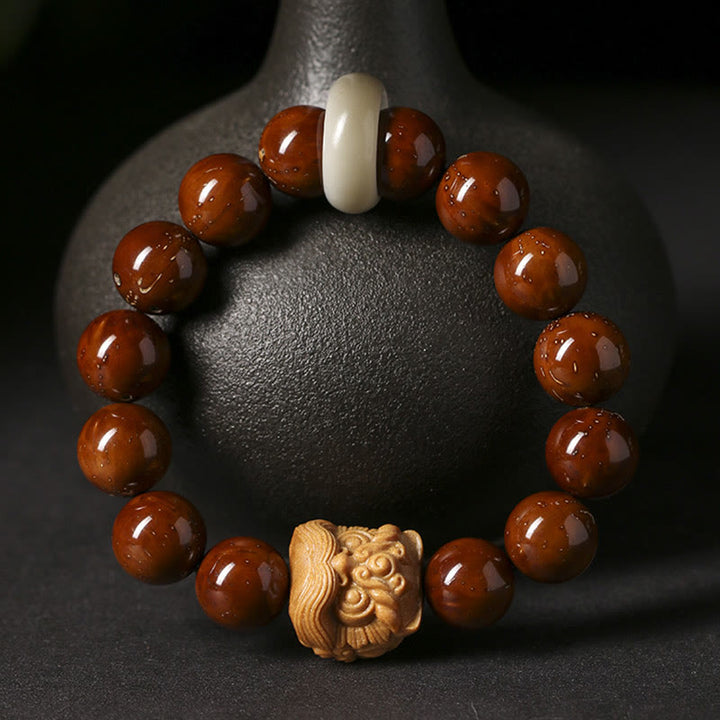 Bransoletka z Buddha Stones Fioletowe Nasiona Bodhi Tańczący Lew Mądrość