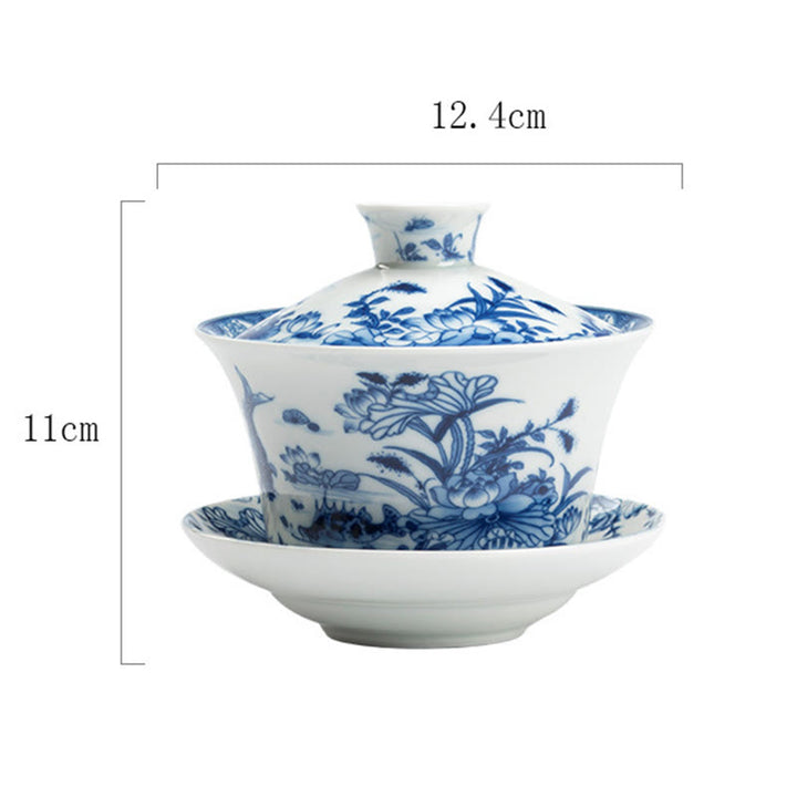 Buddha Stones Niebieskie I Białe Porcelany Lotos Ryba Koi Taniec Lwa Arbuz Ceramiczny Gaiwan Sancai Filiżanka Kung Fu Filiżanka I Spodek Z Pokrywką 300 ml