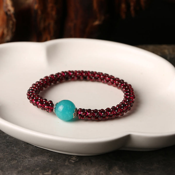 Buddha Stones Naturalny Granat Różowy Kryształ Czerwony Agat Amazonit Koraliki Bransoletka Ochronna