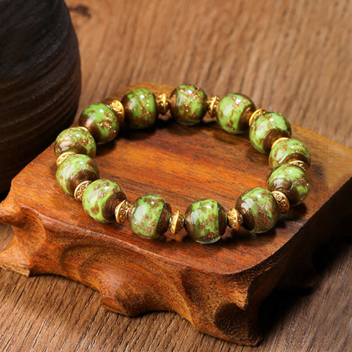 Buddha Stones Złota Połykająca Bestia Rodzina Charm Liuli Szklane Koraliki Bransoletka Fortuna