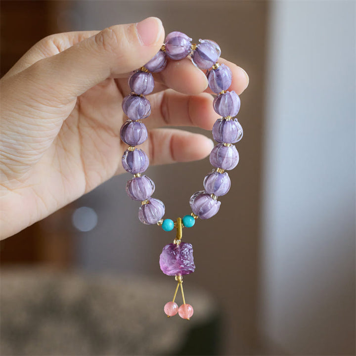 Buddha Stones Liuli Szklane Koraliki Lotos Projekt Fluoryt Kość Słoniowa Owoc Tańczący Lew Charm Bransoletka Oświecenia