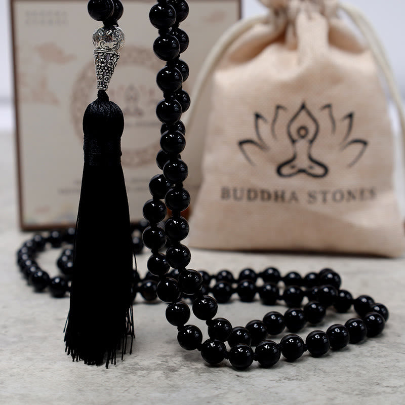 Buddha Stones 108 Mala Czarne Koraliki Onyksowe Naszyjnik Koraliki Modlitwy Medytacji Jogi