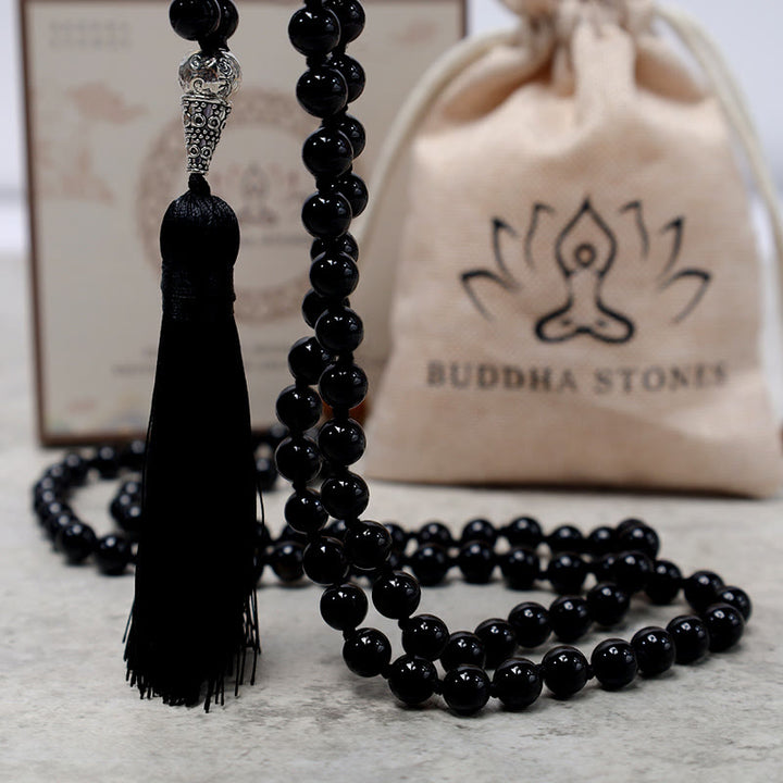 Buddha Stones 108 Mala Czarne Koraliki Onyksowe Naszyjnik Koraliki Modlitwy Medytacji Jogi
