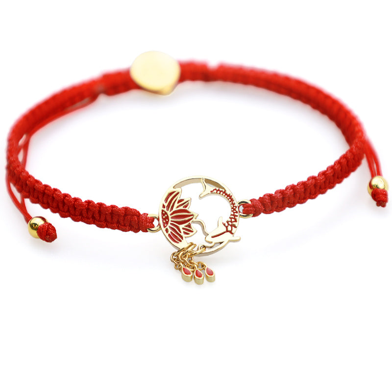 Buddha Stones Tybetańskie Ręcznie Robione Lotus Koi Fish Lucky Bransoletka z Czerwonego Sznurka