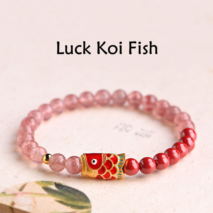 Buddha Stones Naturalny Kwarc Truskawkowy Cynober Lucky Koi Fish Healing Bransoletka