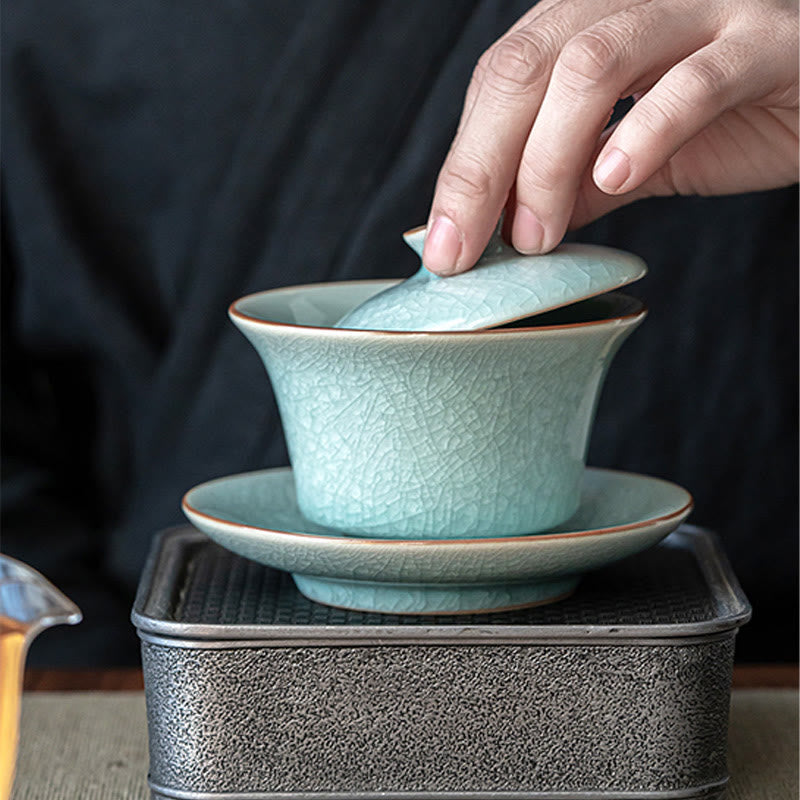 Buddha Stones Retro Zielony Lodowy Glazura Ceramiczny Gaiwan Sancai Filiżanka Kung Fu Filiżanka I Spodek Z Pokrywką