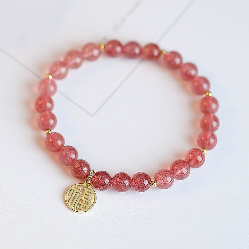 Bransoletka z Buddha Stones 14K pozłacana kwarcem truskawkowym Fu Character Healing Charm