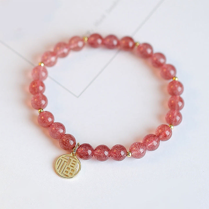 Bransoletka z Buddha Stones 14K pozłacana kwarcem truskawkowym Fu Character Healing Charm