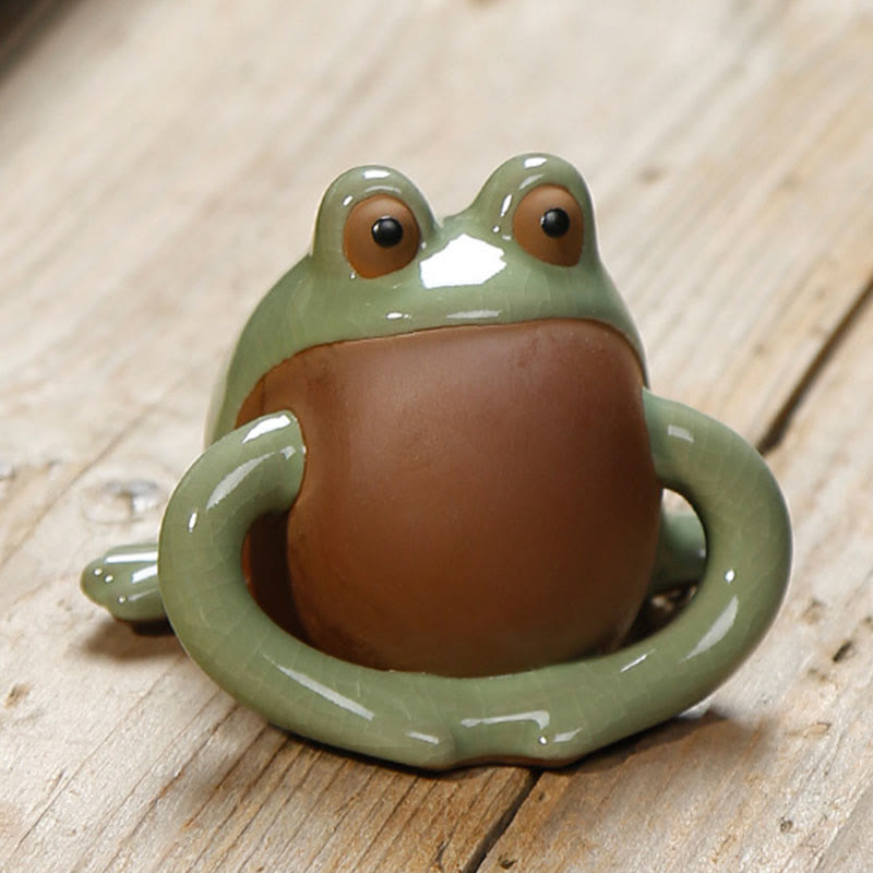 Buddha Stones FengShui Bogactwo Szczęście Słodka Żaba Ceramiczna Herbata Zwierzę Figurka Dekoracja - Ramiona żaby w dół 8,7*6,2 cm - image 5