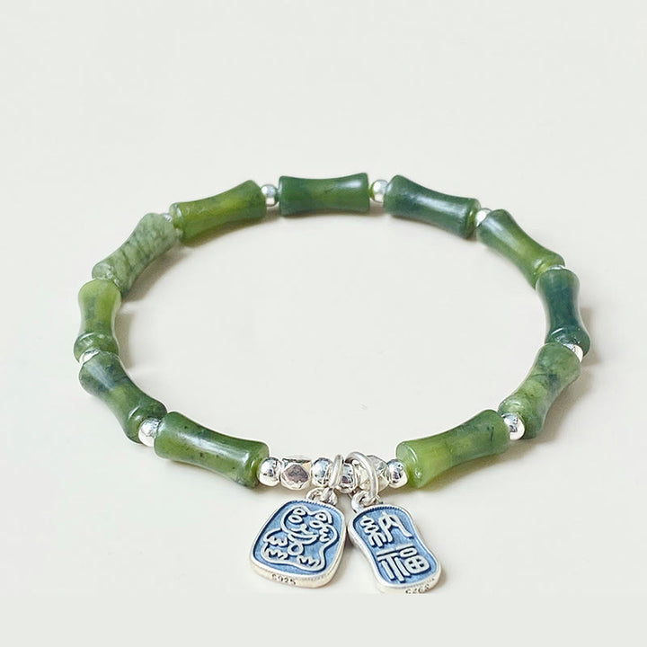 Buddha Stones 925 Srebro Sterlingowe Bambus Jade Lucky Cat Fu Character Luck Abundance Bransoletka - image 5