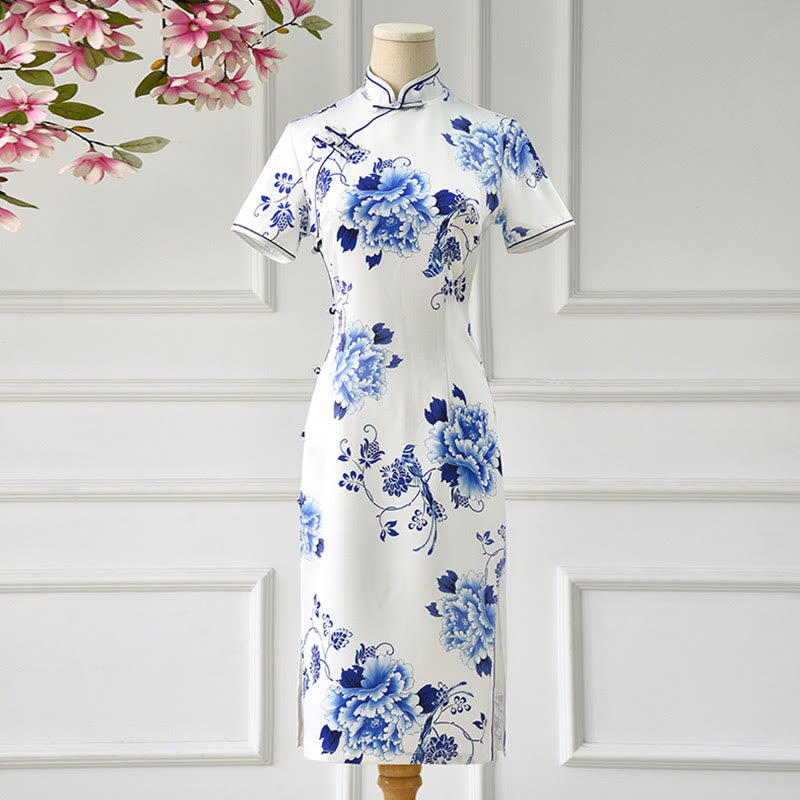 Buddha Stones Niebieski I Biały Porcelanowy Kolor Peonii Wzór Kwiatowy Cheongsam Sukienka Damska Qipao - US14, UK/AU18, EU46 (4XL) - image 1