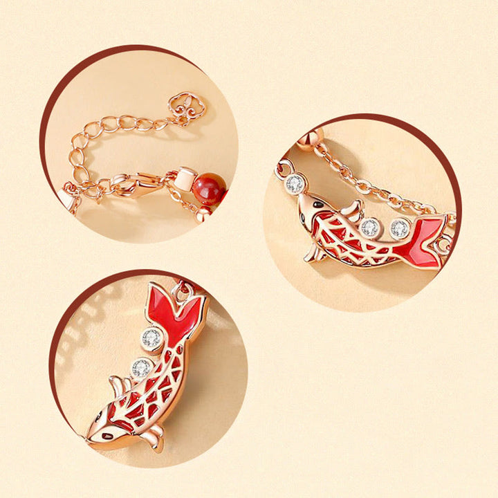 Bransoletka z podwójnym łańcuszkiem Buddha Stones 925 Sterling Silver Lucky Koi Fish Cinnabar Zircon Prosperity