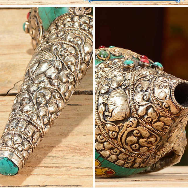 Tybetański ręcznie grawerowany Shankha Double Dorje Budda Conch Shell Wealth Pozytywna dekoracja
