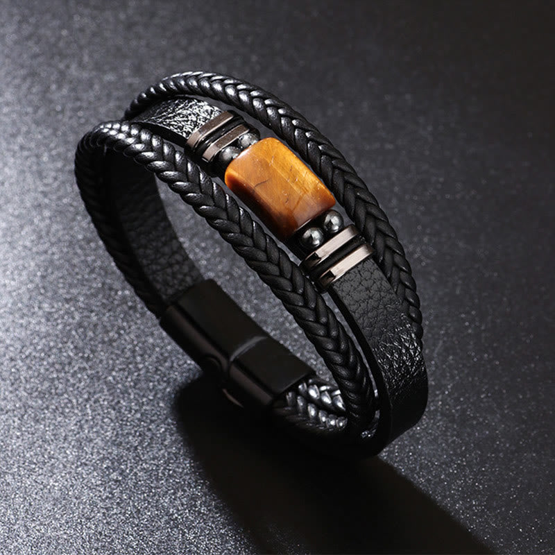 Bransoletka ze skóry wielowarstwowej z zapięciem magnetycznym i Buddha Stones Tiger Eye Power