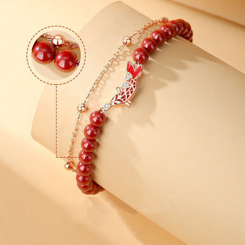 Bransoletka z podwójnym łańcuszkiem Buddha Stones 925 Sterling Silver Lucky Koi Fish Cinnabar Zircon Prosperity