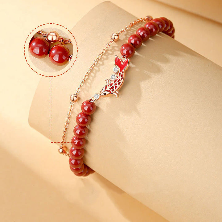 Bransoletka z podwójnym łańcuszkiem Buddha Stones 925 Sterling Silver Lucky Koi Fish Cinnabar Zircon Prosperity