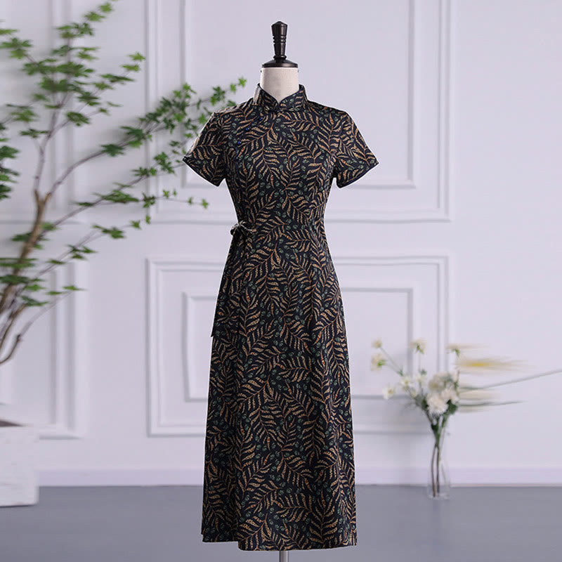Buddha Stones Vintage Pomyślne Chmury Liście Drukuj Cheongsam Sukienka Damska Qipao