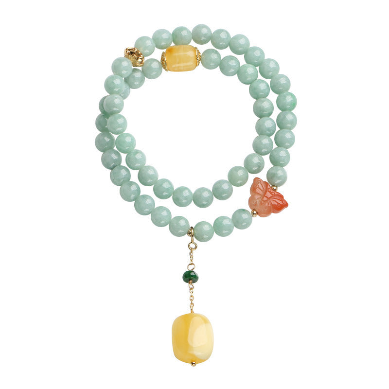 Buddha Stones 925 Srebro Sterling Naturalny Jadeit Bursztyn Motyl Bransoletka Szczęście Obfitość