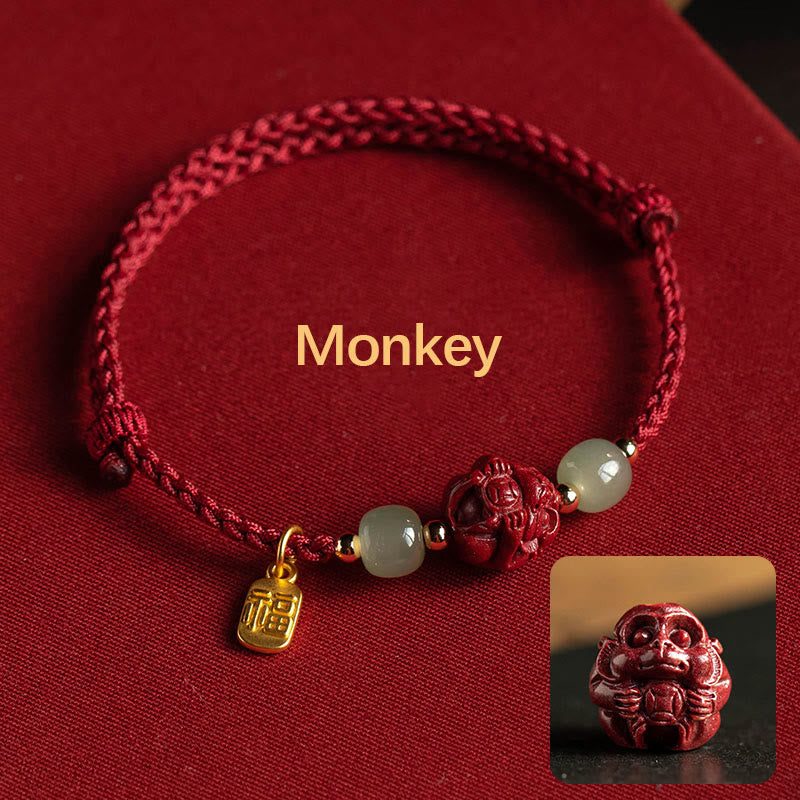 Buddha Stones Naturalny Cynober Chiński Zodiak Hetian Jade Fu Charakter Szczęścia Bransoletka Lina
