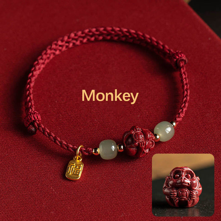 Buddha Stones Naturalny Cynober Chiński Zodiak Hetian Jade Fu Charakter Szczęścia Bransoletka Lina