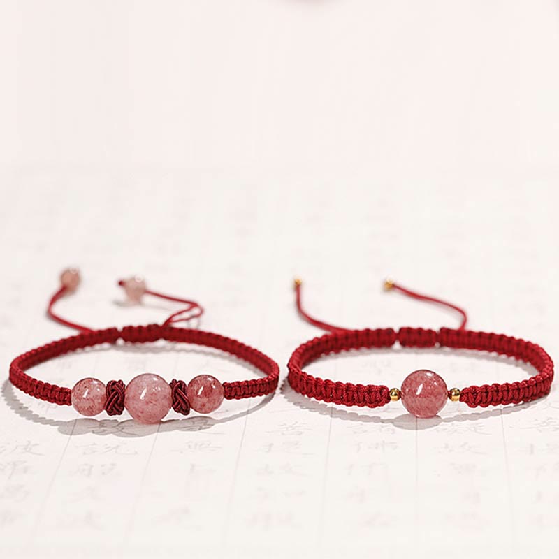 Buddha Stones Naturalny Kryształ Kwarcowy Truskawkowy Miłość Czerwona Bransoletka Tkana Sznurkiem Anklet