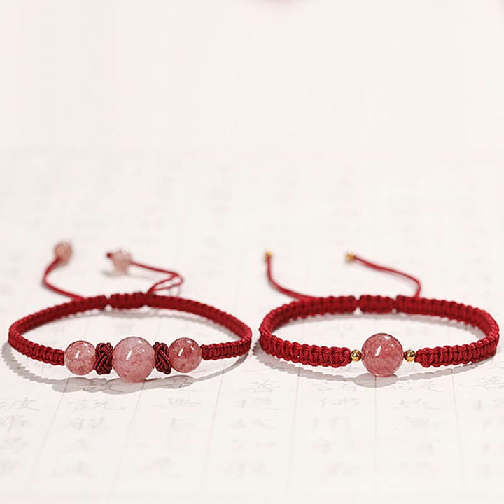 Buddha Stones Naturalny Kryształ Kwarcowy Truskawkowy Miłość Czerwona Bransoletka Tkana Sznurkiem Anklet
