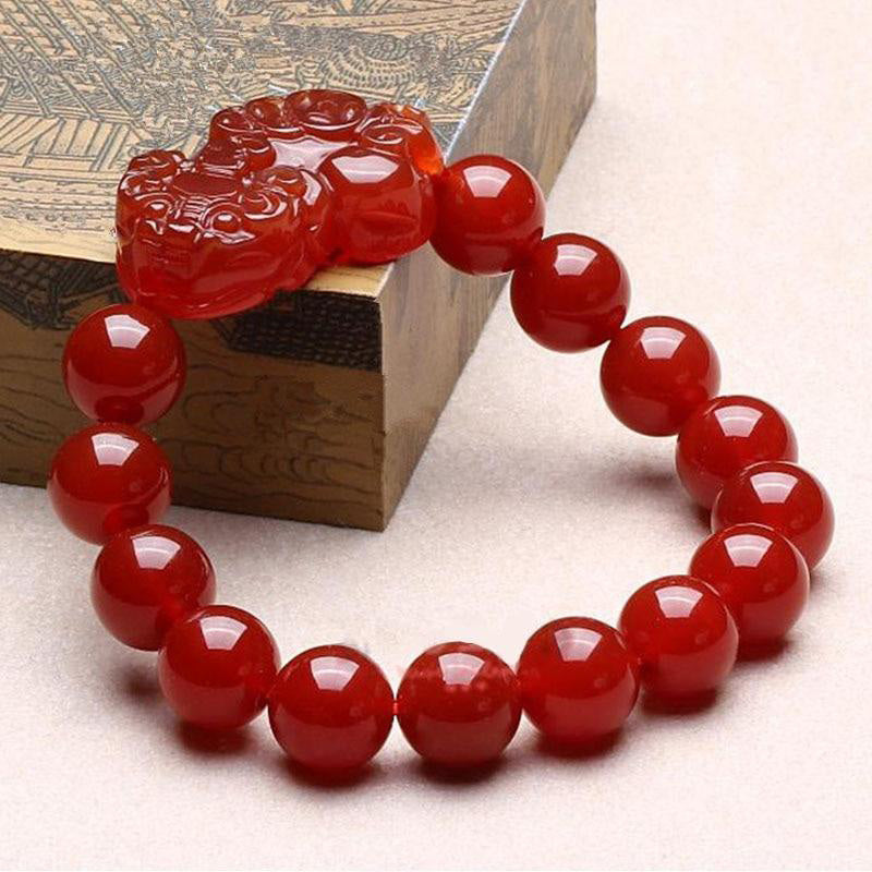 Buddha Stones Bransoletka z czerwonego agatu Lucky Pixiu Bogactwo Szczęście
