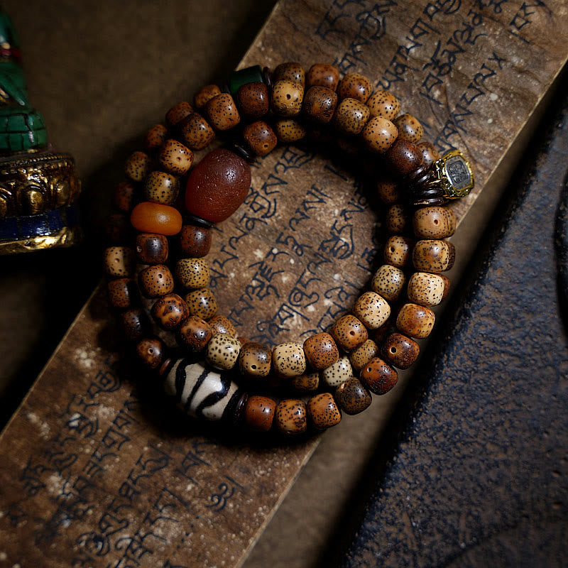 Buddha Stones Tybetańskie Nasiona Bodhi Bursztyn Dzi Koralik Agat Zakiram Bogini Bogactwa Koraliki Bransoletka Potrójnie Owijana