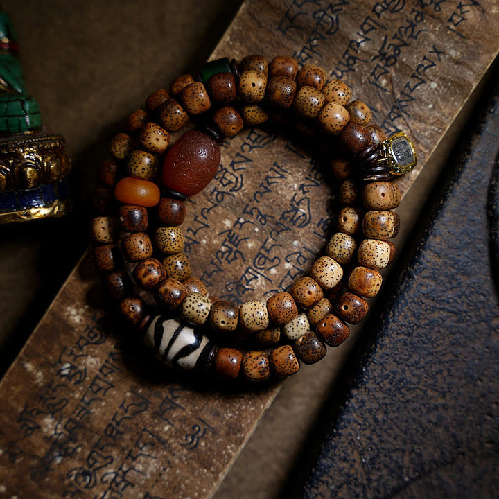 Buddha Stones Tybetańskie Nasiona Bodhi Bursztyn Dzi Koralik Agat Zakiram Bogini Bogactwa Koraliki Bransoletka Potrójnie Owijana