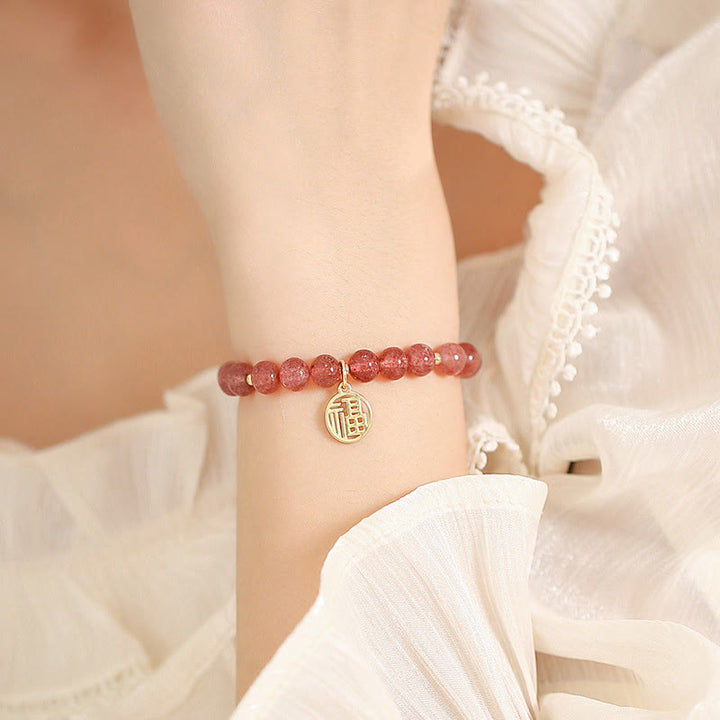 Bransoletka z Buddha Stones 14K pozłacana kwarcem truskawkowym Fu Character Healing Charm