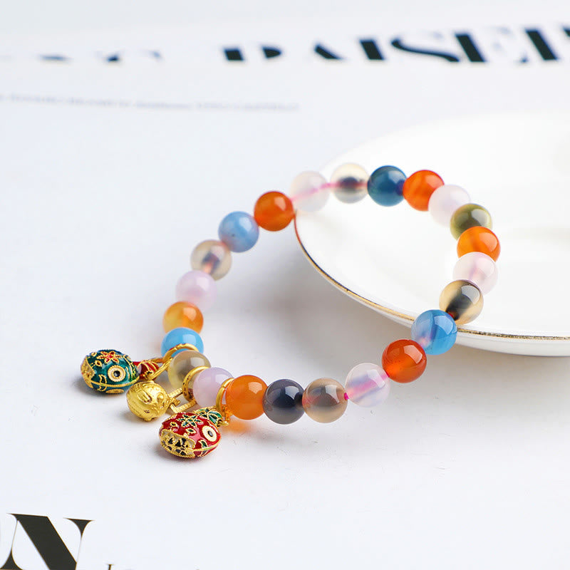 Buddha Stones Kolorowe Cukierki Agat Złoty Połykający Bestia Rodzina Brzoskwiniowa Harmonia Bransoletka z Charmsem
