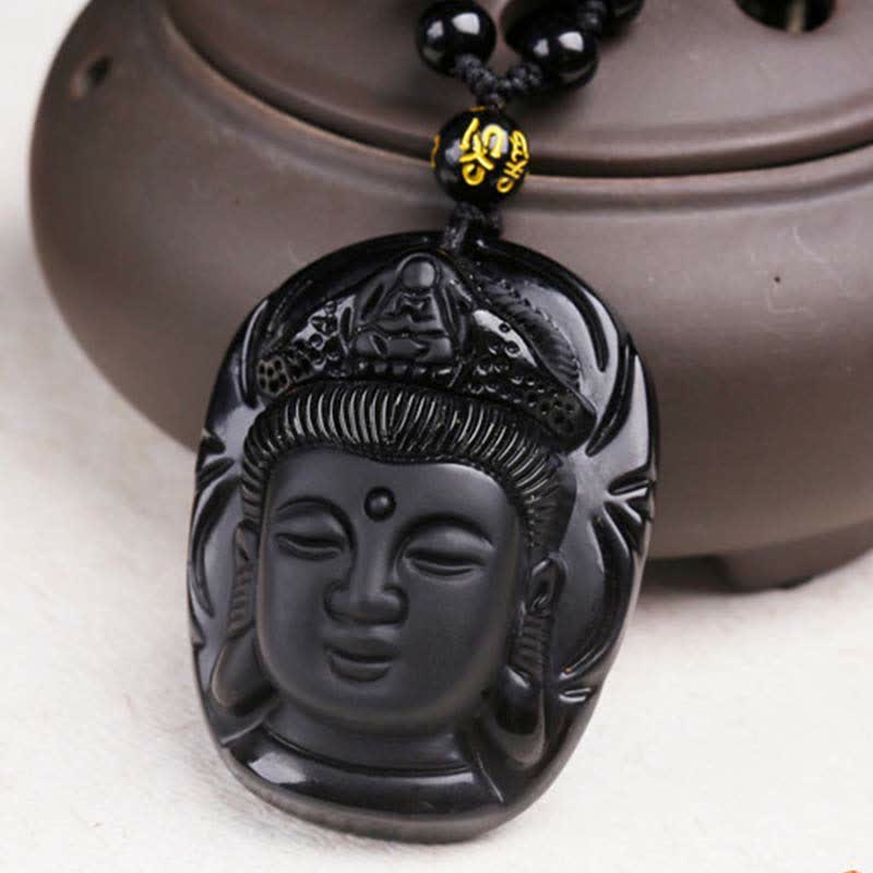 Buddha Stones Naturalny Czarny Obsydian Kwan Yin Awalokiteśwara Siła Naszyjnik Wisiorek - image 7