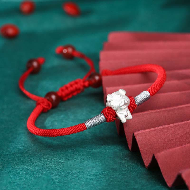 Buddha Stones 999 Srebro Sterling Chiński Zodiak Szczęście Siła Bransoletka z Czerwonego Sznurka