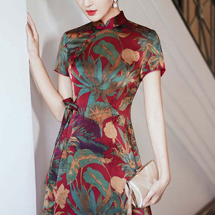 Suknia Qipao z Buddha Stones z jedwabiu w stylu retro z wzorem liści kwiatów i kwiatów, damska sukienka Cheongsam